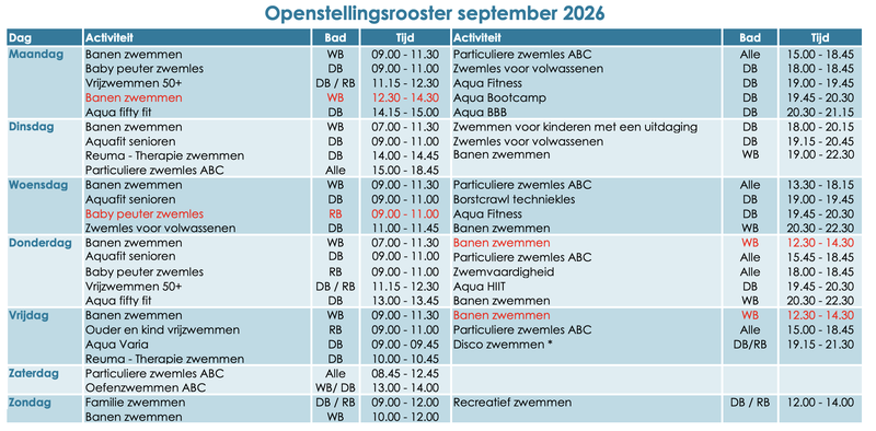 Openstellingsrooster September 2026