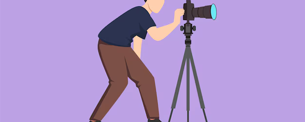 character-flat-drawing-super-apparatuur-fotograaf-jonge-man-die-camera-houdt-en-richt-met-staand-statief-om-foto-s-te-maken-accessoires-voor-het-fotograferen-van-logo-cartoon-design-vec