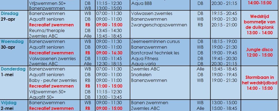 Donderdag 8 Mei en Vrijdag 9 Mei GEEN VRIJZWEMMEN
